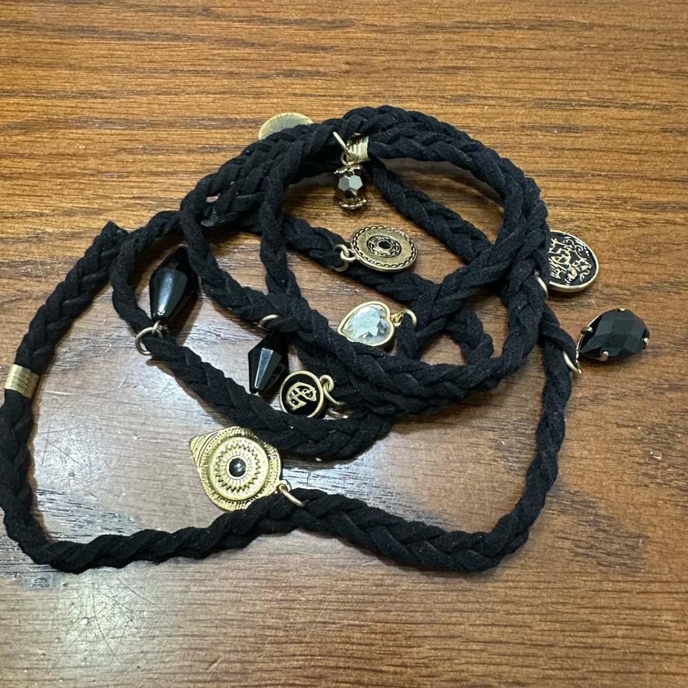 Chic Black and Gold Braided Wrap Bracelet with Charms